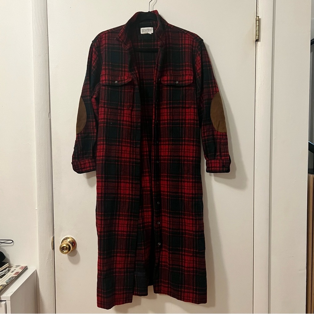 Vintage Plaid Long Shirt Dress with Elbow Patches